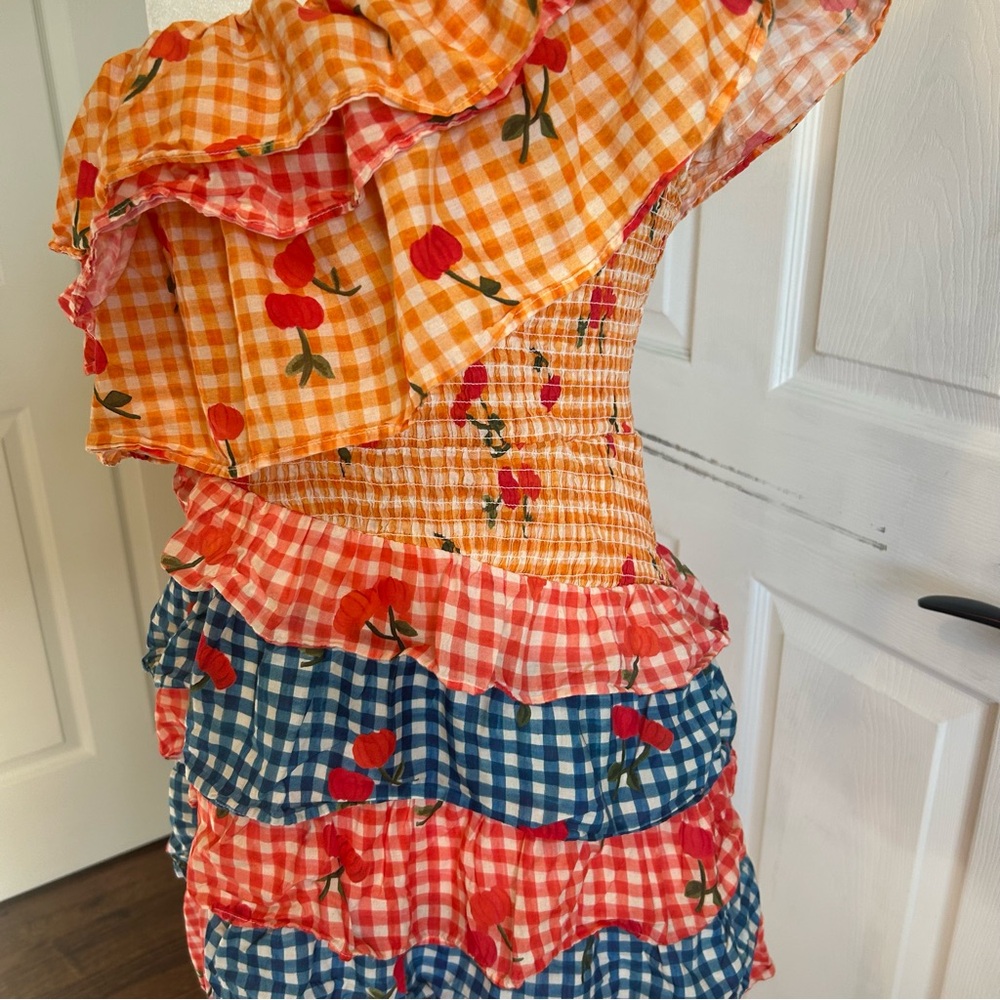 Anthropologie Farm Rio one shoulder cherry mini Colorful tiered Ruffle Dress - Picture 6 of 8